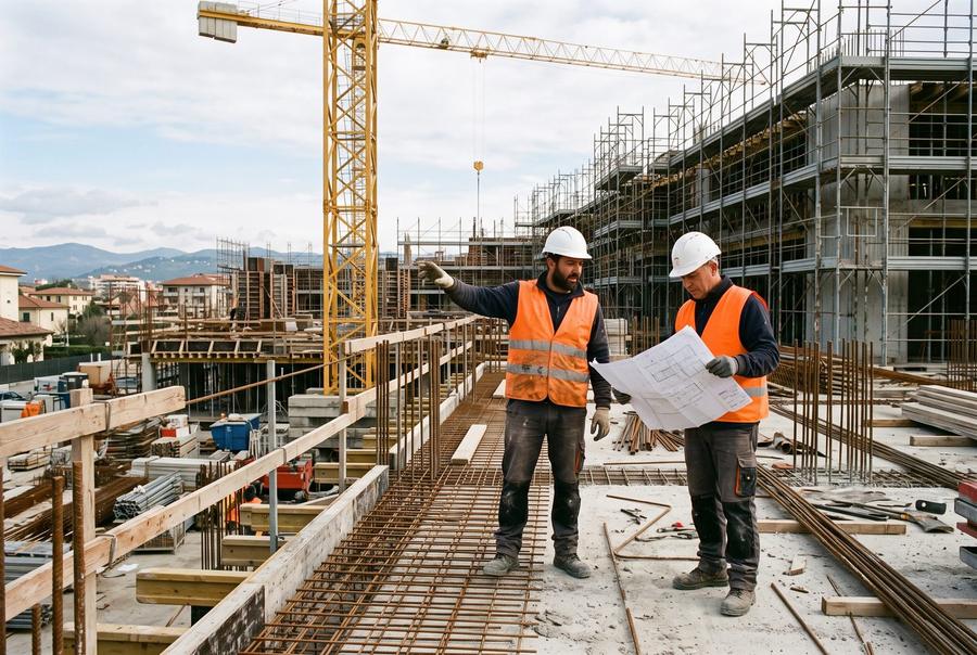 Due operai in un cantiere edile con gru e ponteggi