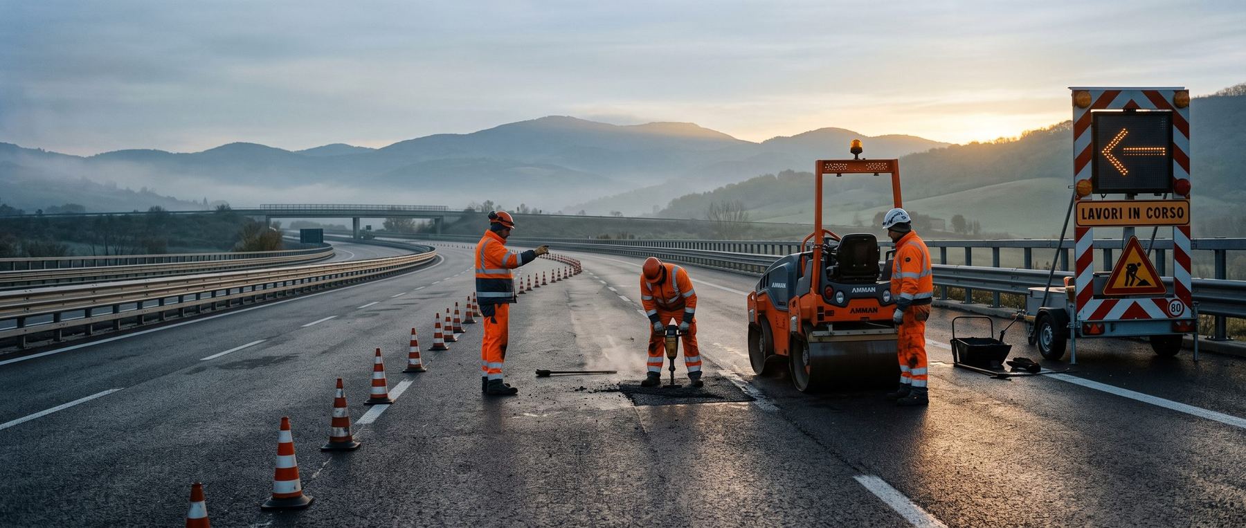 Squadra di manutenzione al lavoro su una carreggiata all'alba
